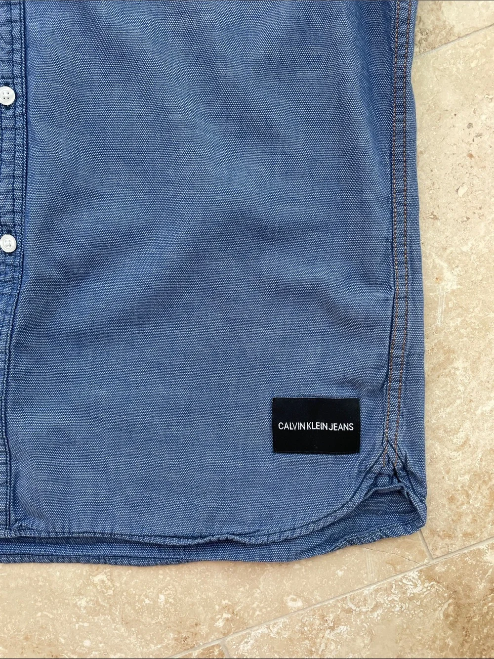 Calvin Klein Jeans Short-Sleeve Indigo Button-Down Shirt - Picture 3 of 4